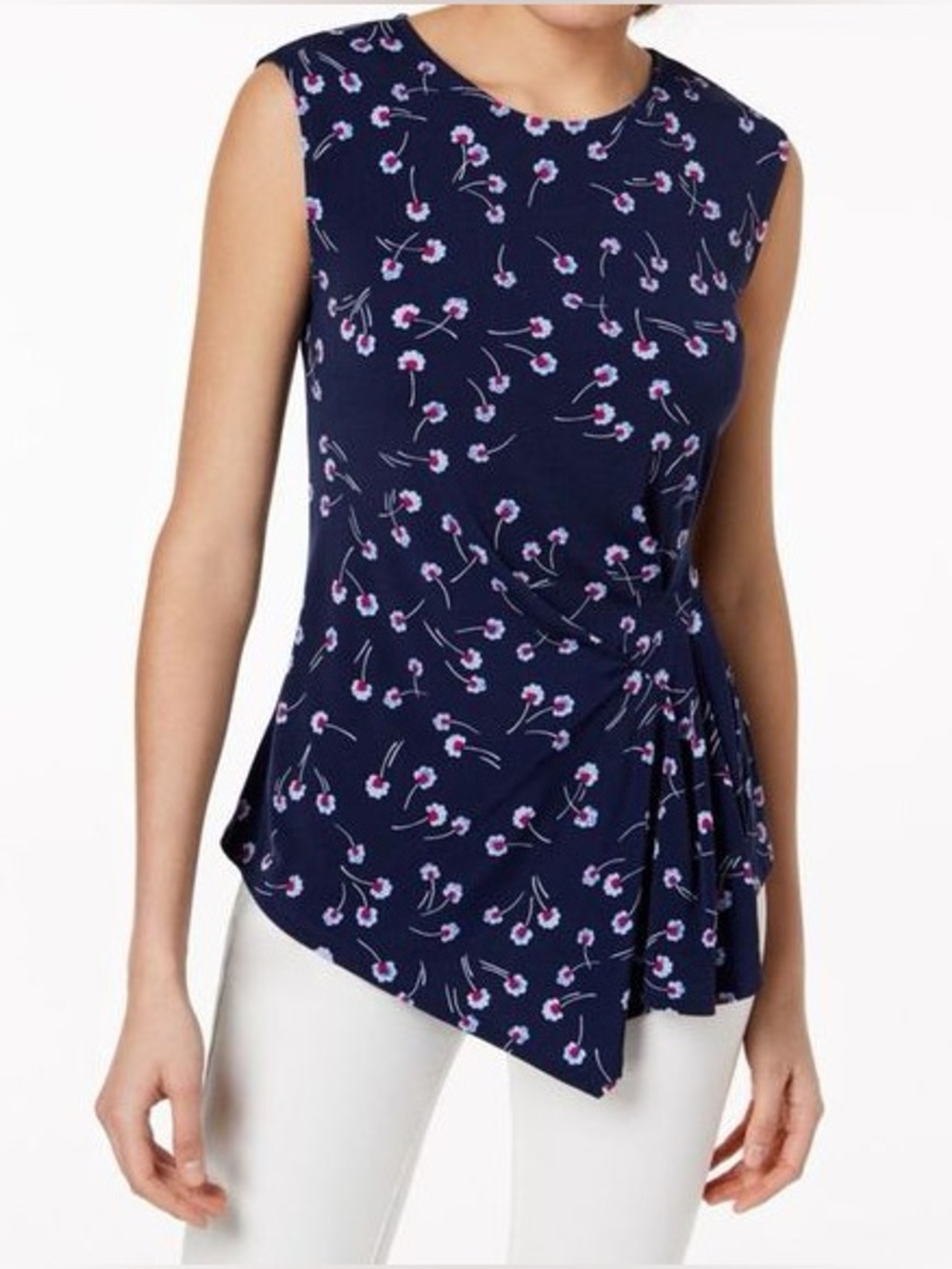 Vince Camuto Navy Floral Gathered Sleeveless Top